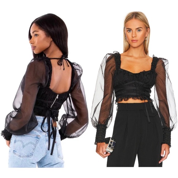 NEW LOVE & LEMONS Organza Puff Long Sleeve Ruffle Sweetheart Neck Crop Top XS - Picture 8 of 16